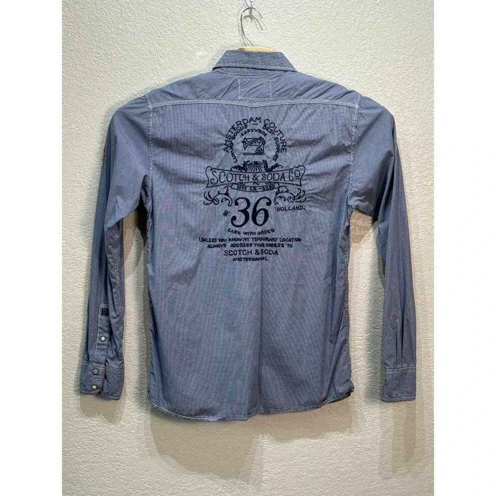 Scotch & Soda Mens Blue‎ Gingham Western Pearl Snap Shirt Graphic Back Large